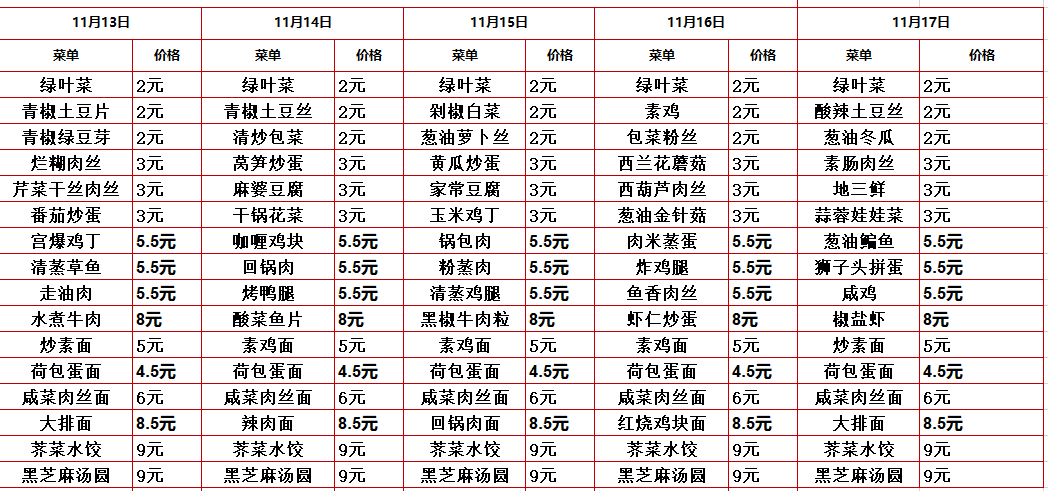 2023学年第一学期第十二周菜单