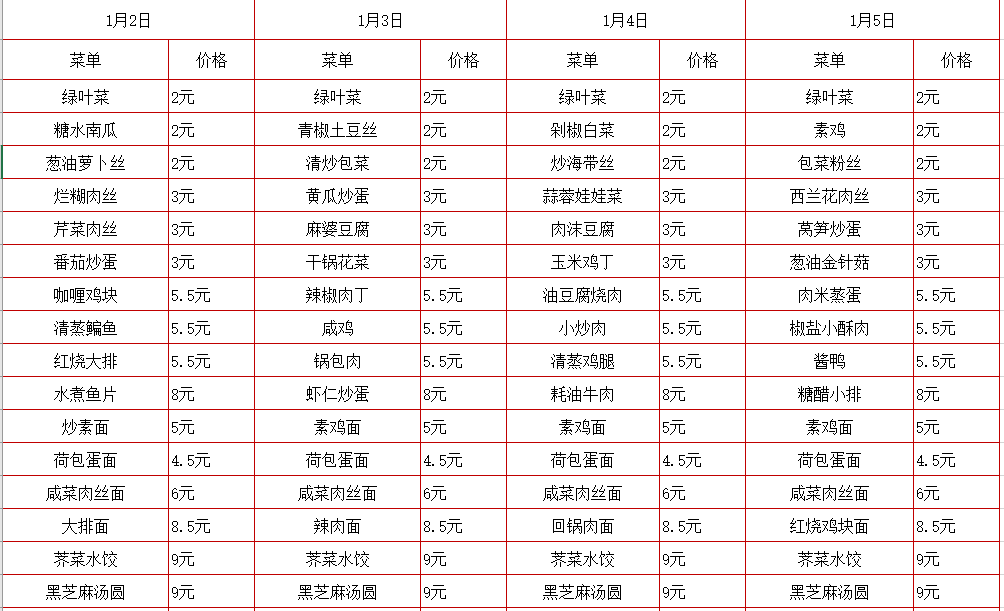 2023学年第一学期第十九周菜单