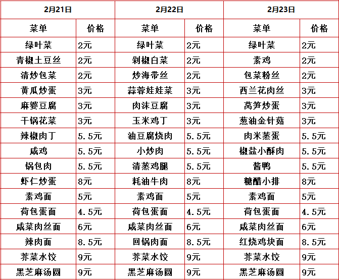 2023学年第二学期第一周菜单