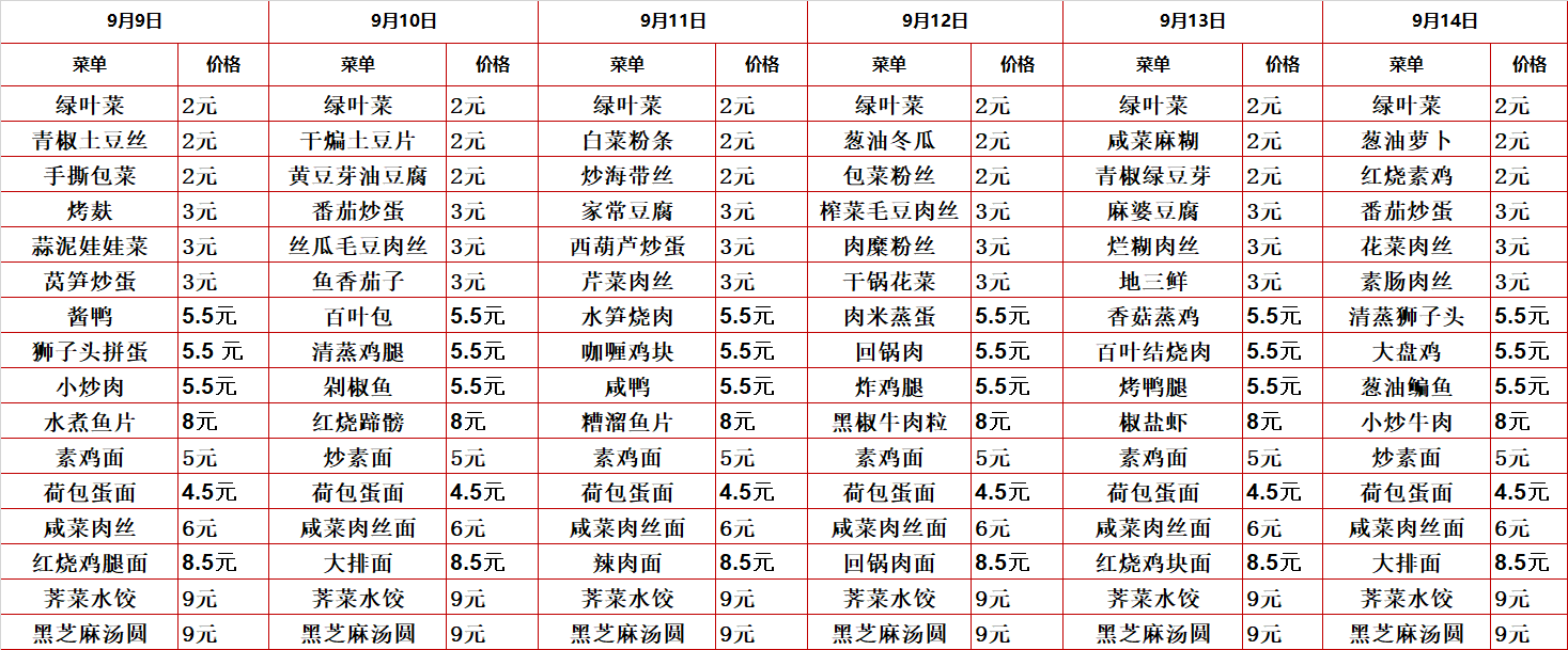2024学年第一学期第二周菜单