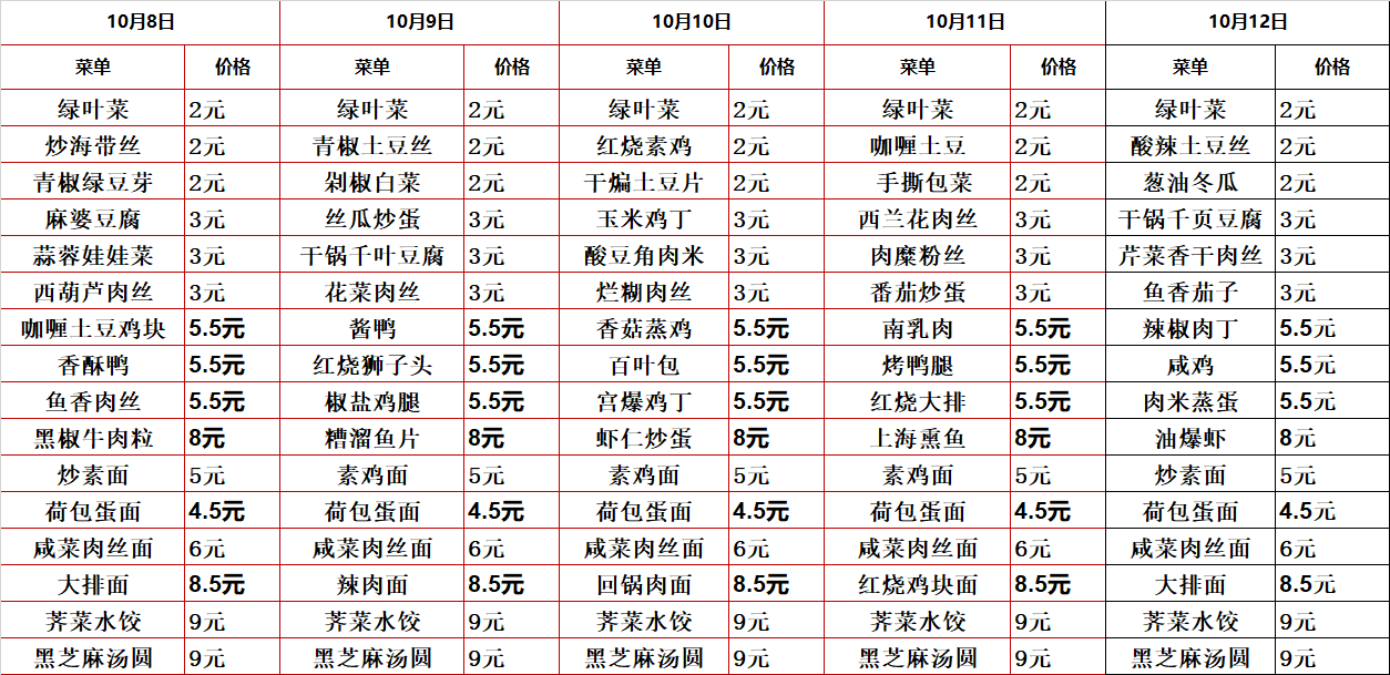 2024学年第一学期第六周菜单