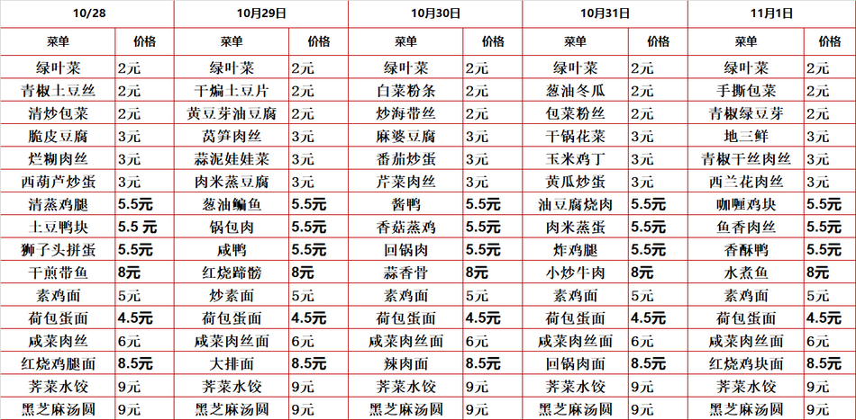 2024学年第一学期第九周菜单
