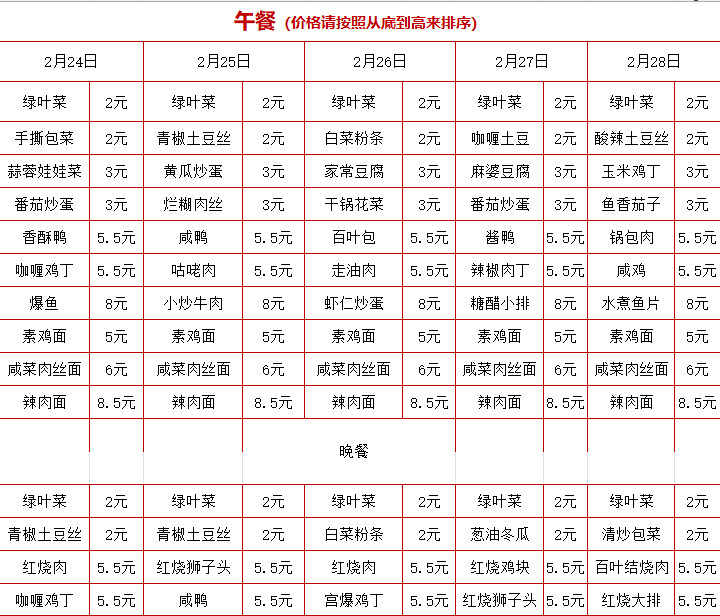 2024学年第二学期第二周菜单